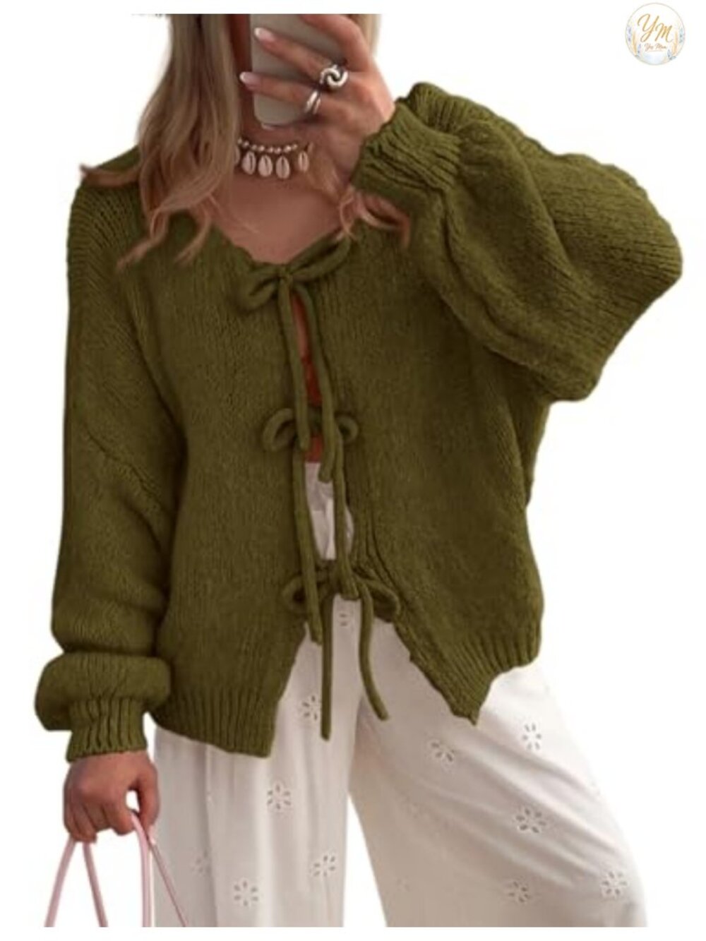 Women's Tie Front Bow Cardigan Sweater Open Front Cable Knit Long Sleeve Puff